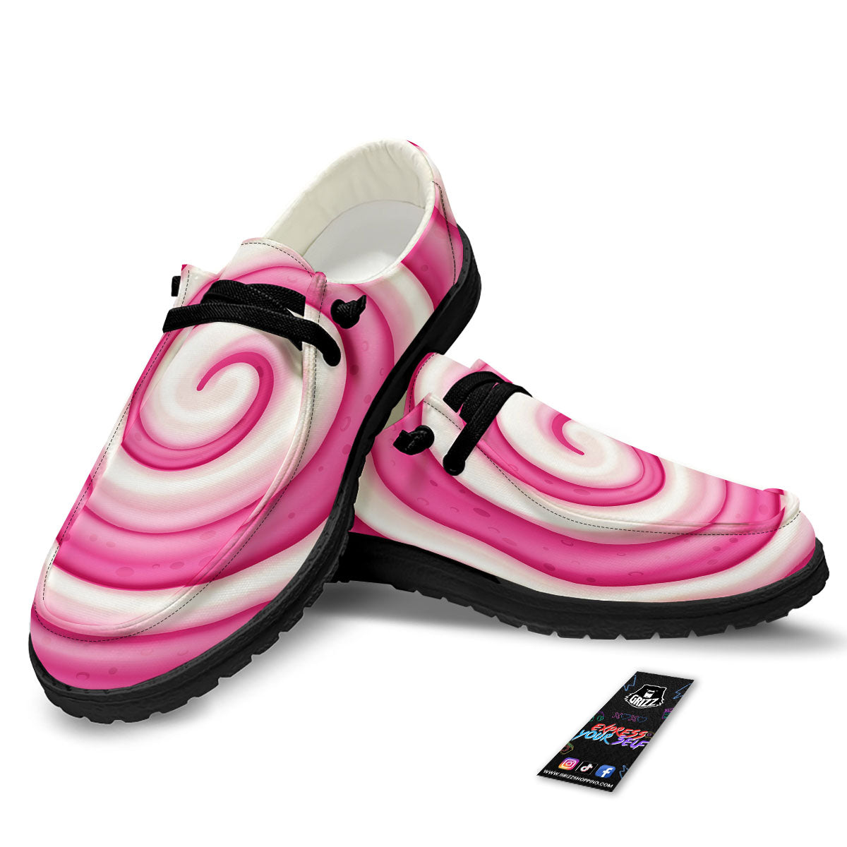 Swirl Pink Lollipop Print Black Loafers-grizzshop