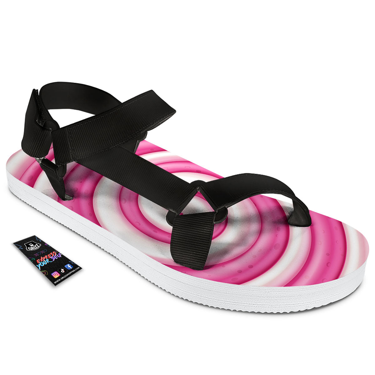 Swirl Pink Lollipop Print Black Open Toe Sandals-grizzshop