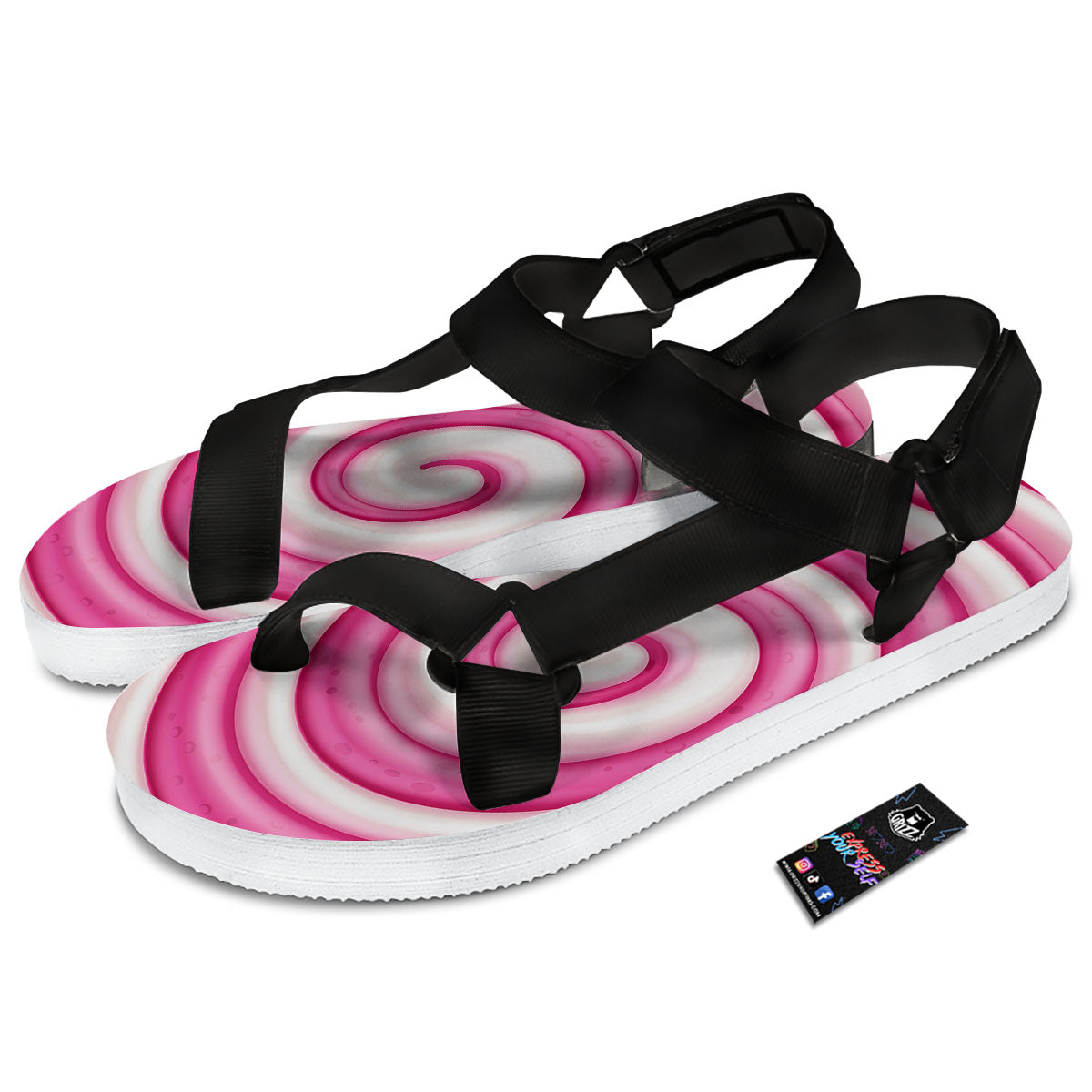 Swirl Pink Lollipop Print Black Open Toe Sandals-grizzshop