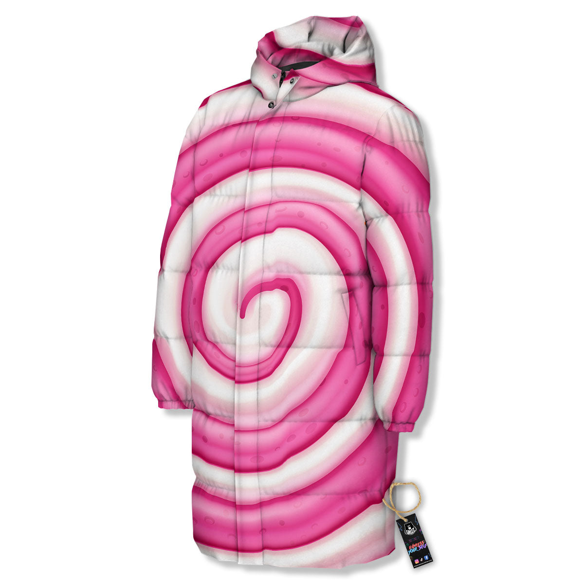 Swirl Pink Lollipop Print Long Down Jacket-grizzshop