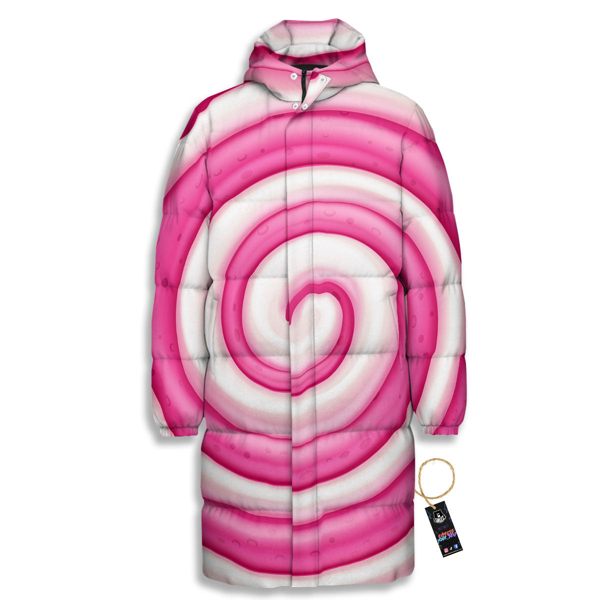 Swirl Pink Lollipop Print Long Down Jacket-grizzshop