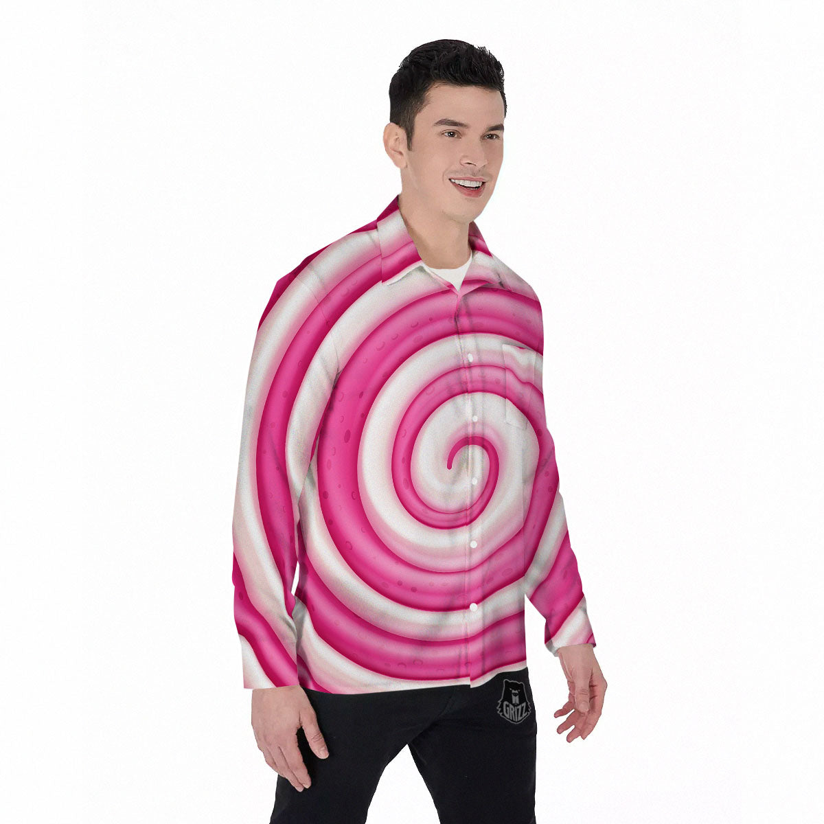 Swirl Pink Lollipop Print Men's Long Sleeve Shirts-grizzshop