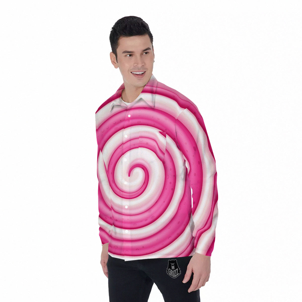Swirl Pink Lollipop Print Men's Long Sleeve Shirts-grizzshop