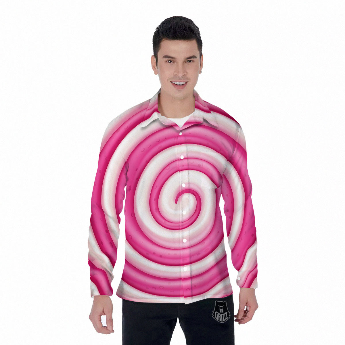 Swirl Pink Lollipop Print Men's Long Sleeve Shirts-grizzshop