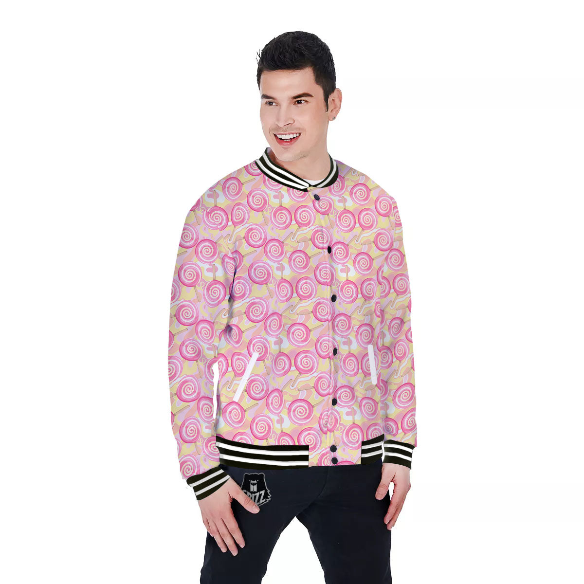 Swirl Pink Lollipop Print Pattern Baseball Jacket-grizzshop