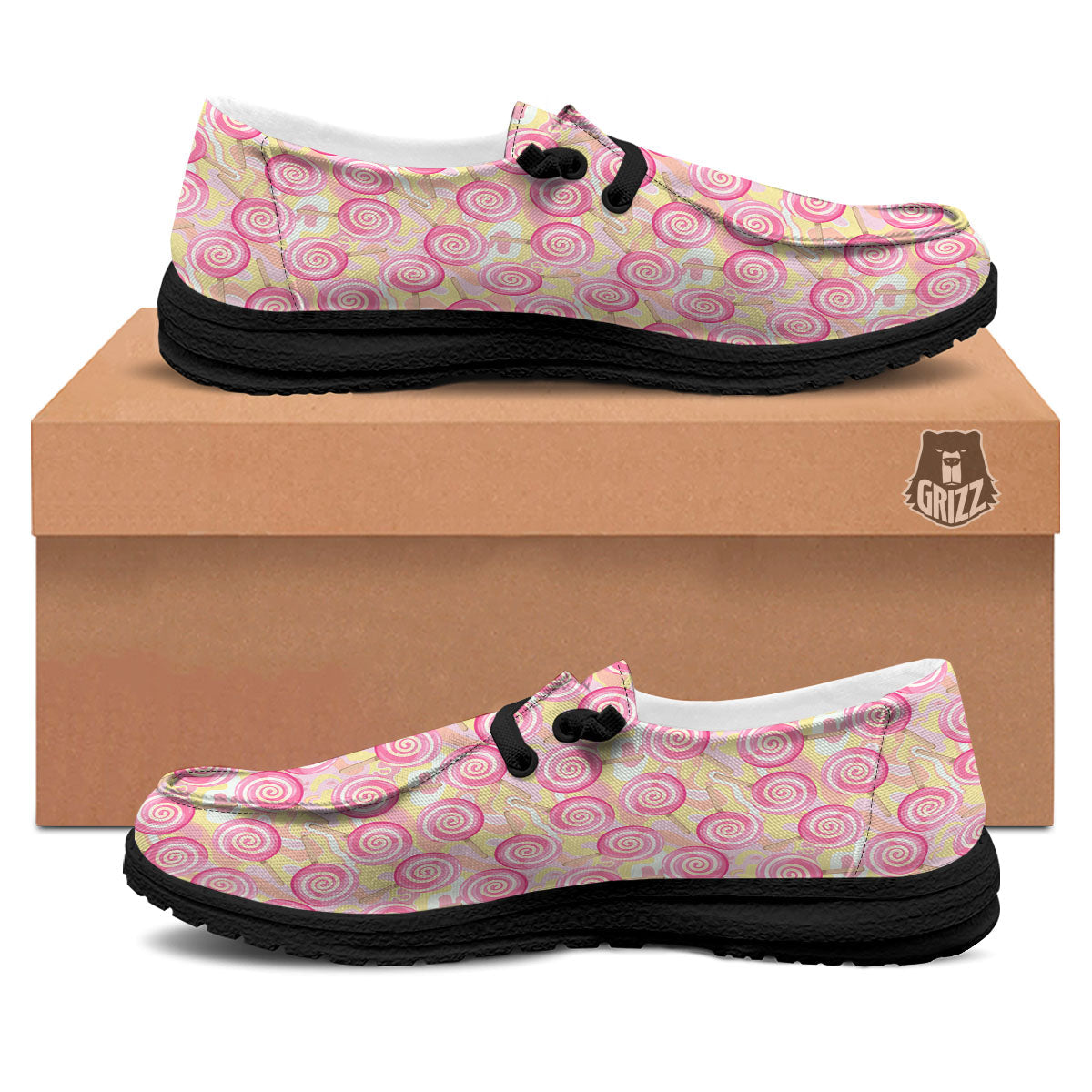 Swirl Pink Lollipop Print Pattern Black Loafers-grizzshop