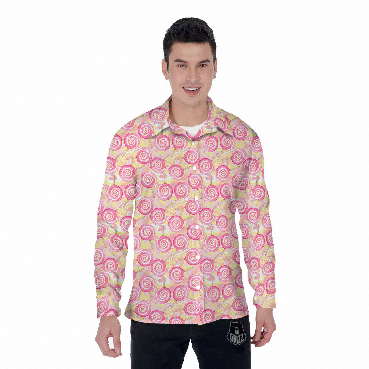 Swirl Pink Lollipop Print Pattern Men's Long Sleeve Shirts-grizzshop