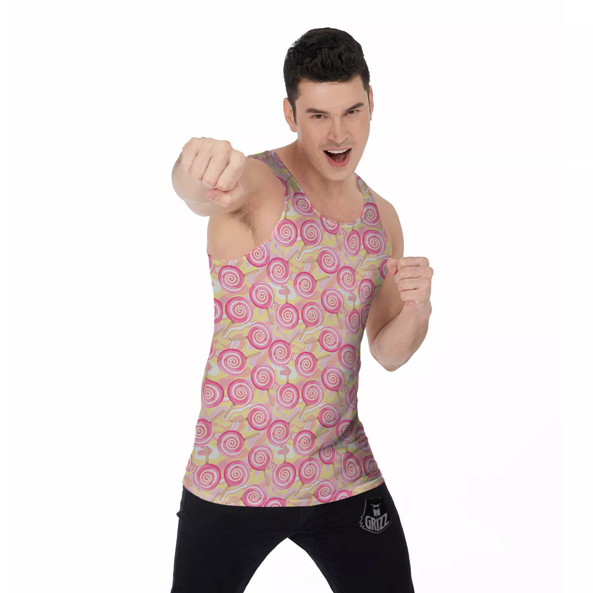 Swirl Pink Lollipop Print Pattern Men's Tank Top-grizzshop