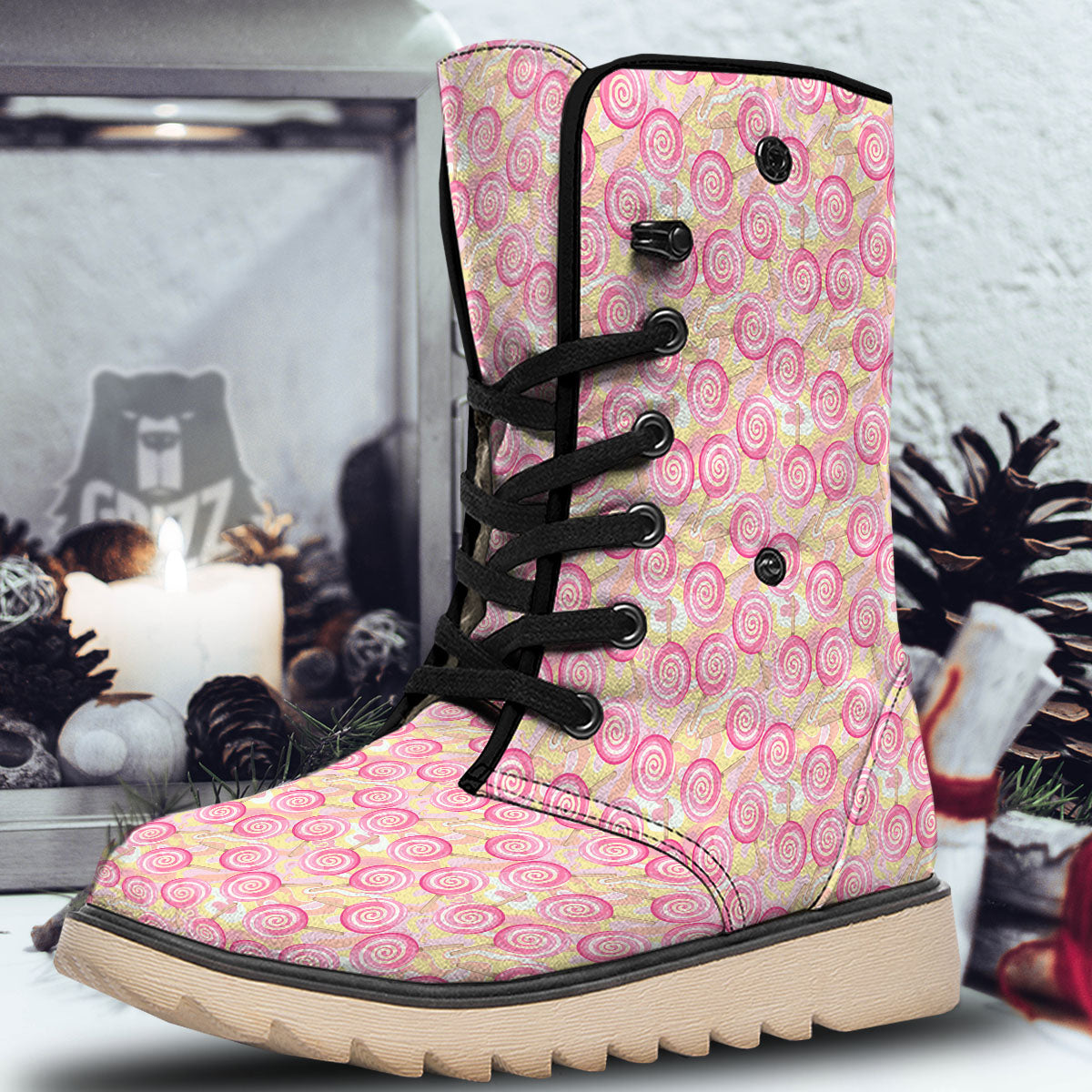 Swirl Pink Lollipop Print Pattern Snow Boots-grizzshop