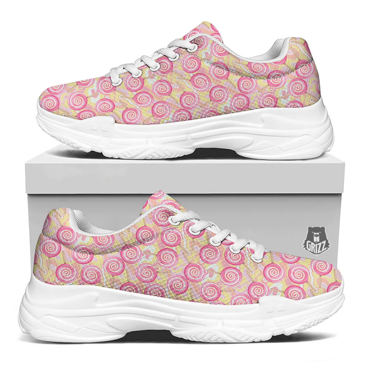 Swirl Pink Lollipop Print Pattern White Chunky Shoes-grizzshop