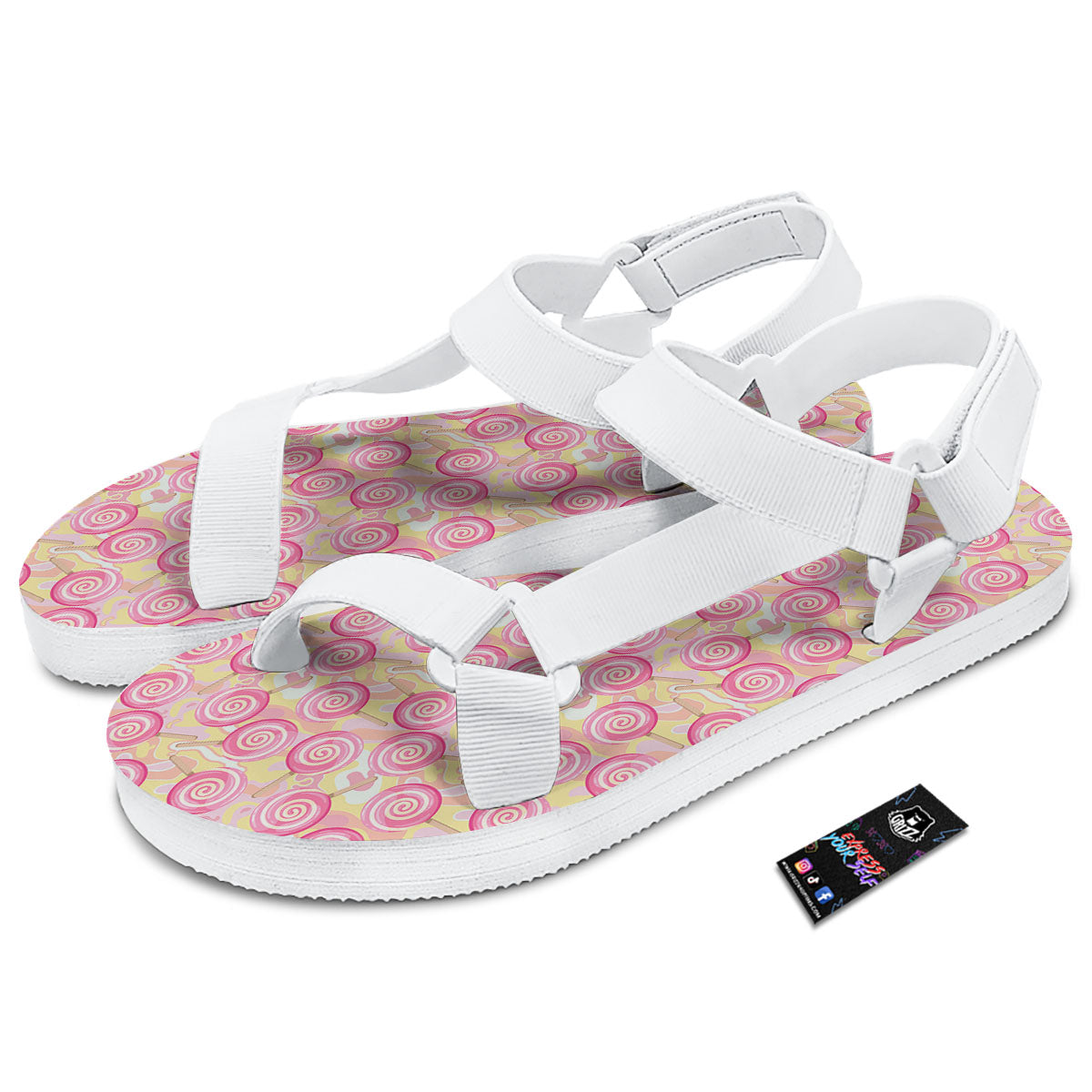 Swirl Pink Lollipop Print Pattern White Open Toe Sandals-grizzshop