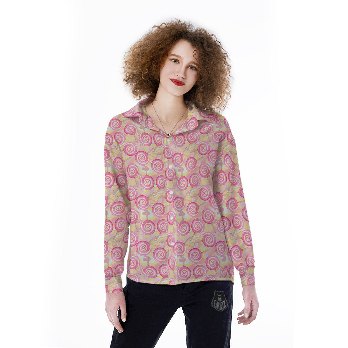 Swirl Pink Lollipop Print Pattern Women's Long Sleeve Shirts-grizzshop