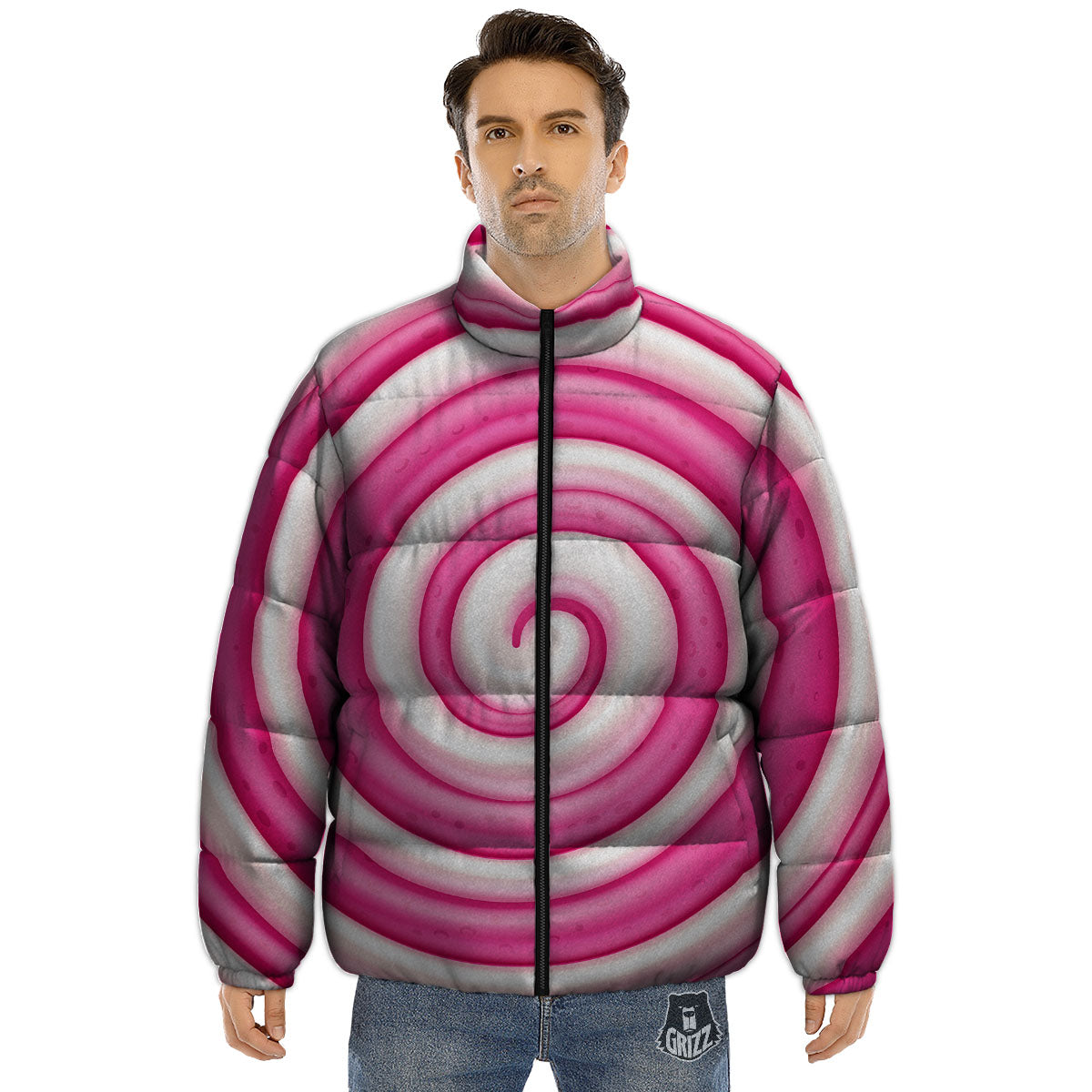 Swirl Pink Lollipop Print Puffer Jacket-grizzshop