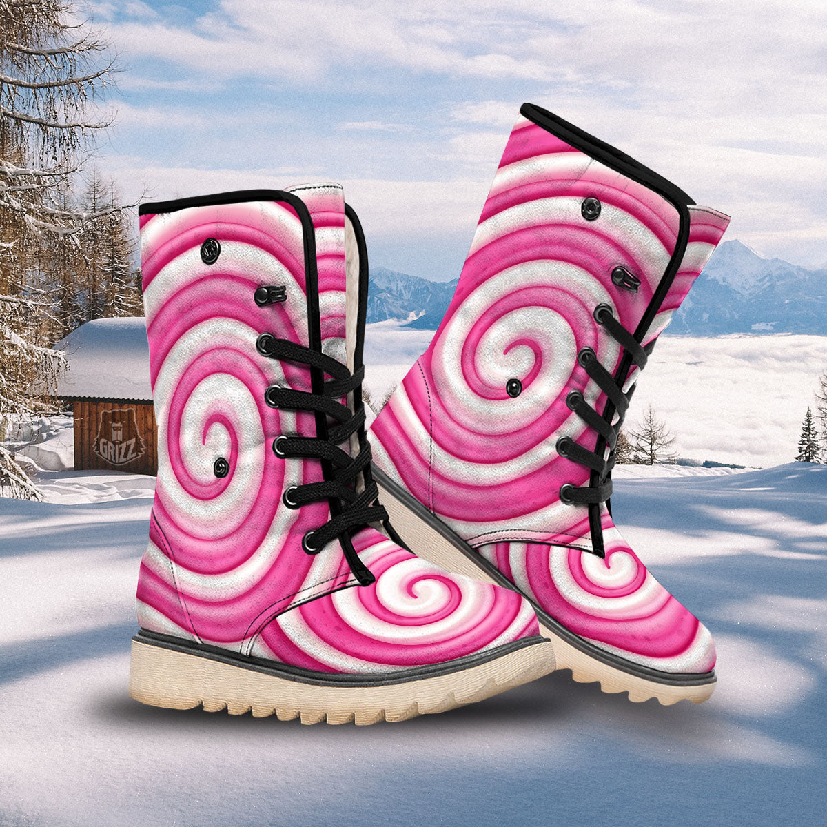 Swirl Pink Lollipop Print Snow Boots-grizzshop