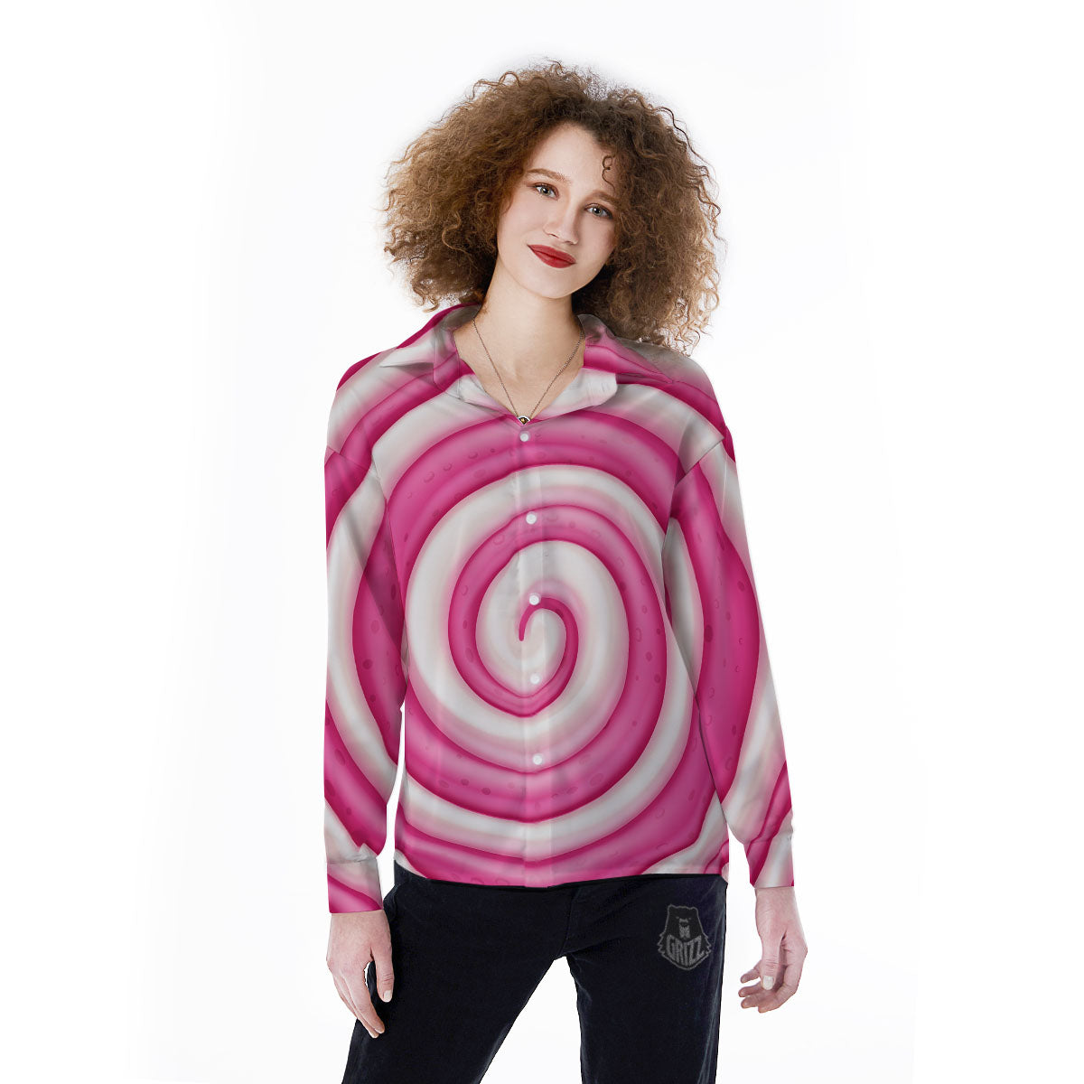 Swirl Pink Lollipop Print Women's Long Sleeve Shirts-grizzshop