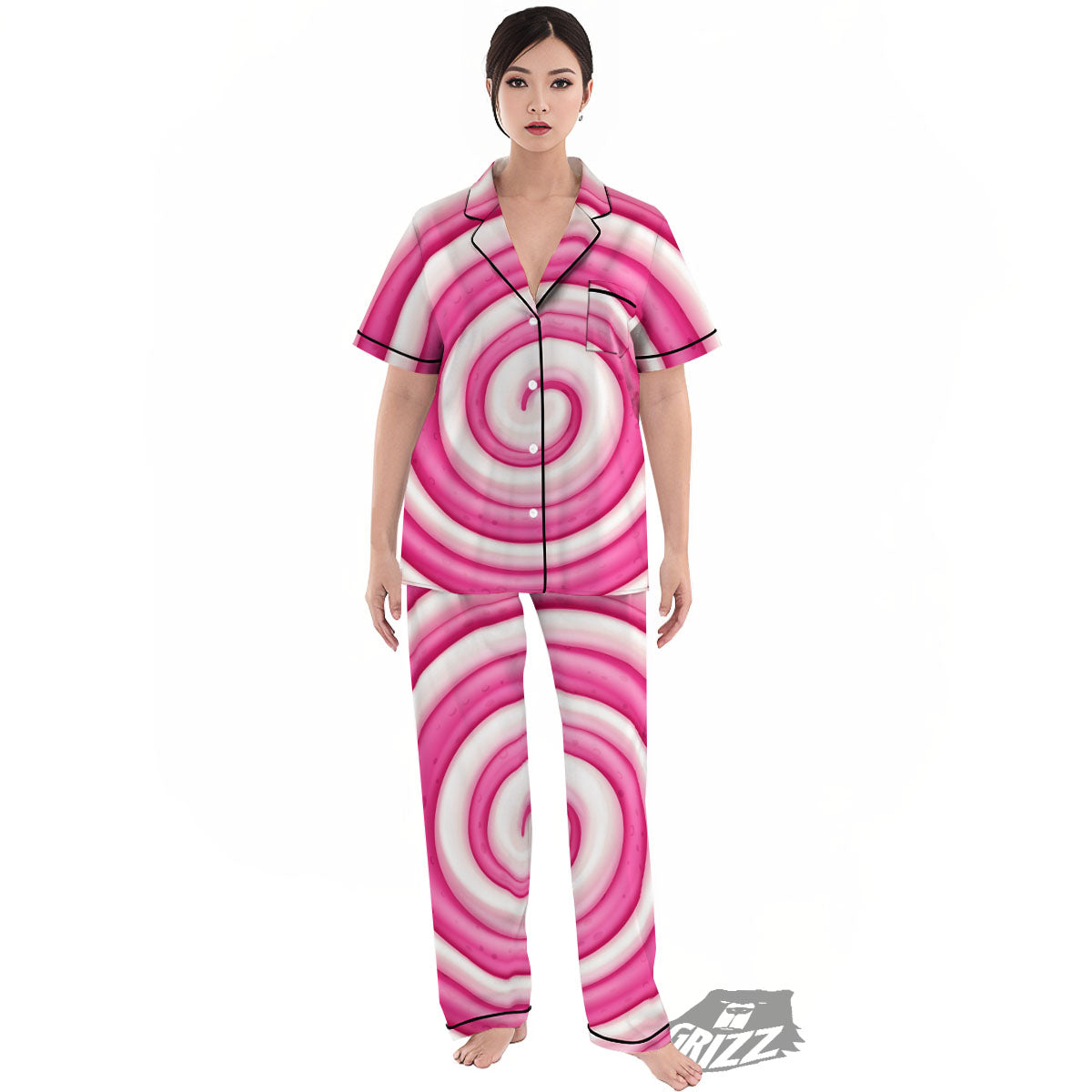 Swirl Pink Lollipop Print Women's Pajamas Set-grizzshop