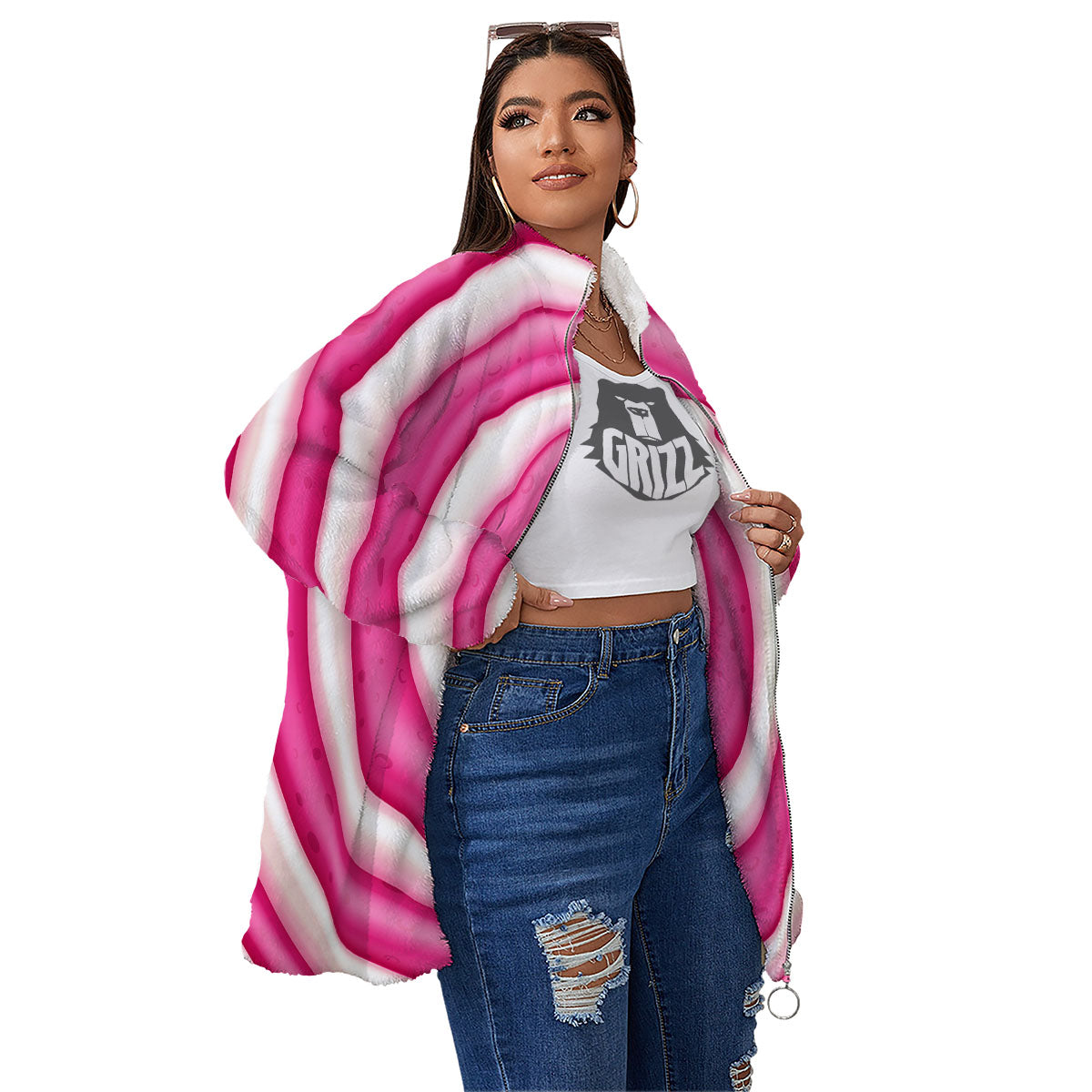 Swirl Pink Lollipop Print Women's Sherpa Jacket-grizzshop