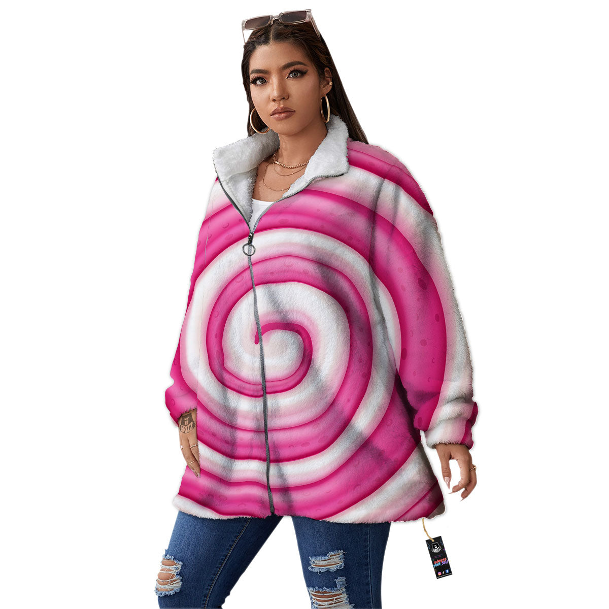 Swirl Pink Lollipop Print Women's Sherpa Jacket-grizzshop