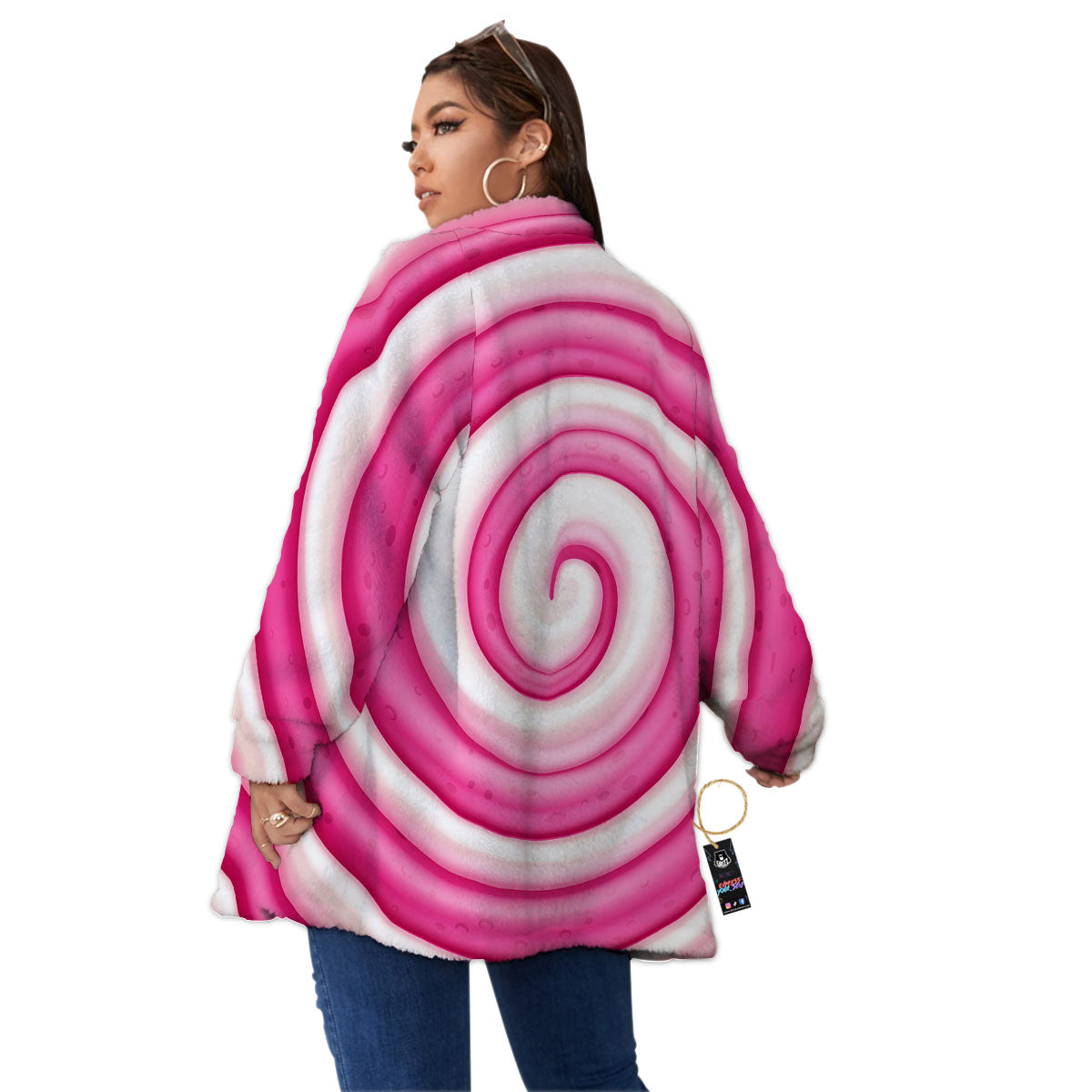 Swirl Pink Lollipop Print Women's Sherpa Jacket-grizzshop