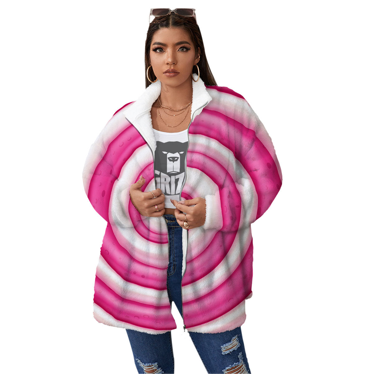 Swirl Pink Lollipop Print Women's Sherpa Jacket-grizzshop