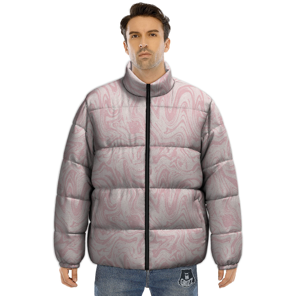 Swirl Pink Print Pattern Puffer Jacket-grizzshop