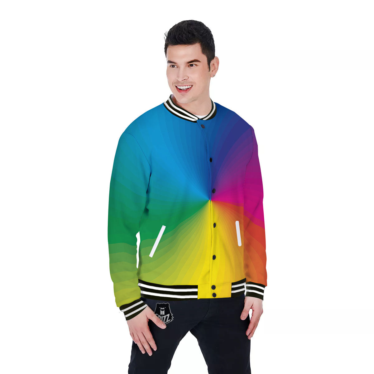 Swirl Rainbow Print Baseball Jacket-grizzshop
