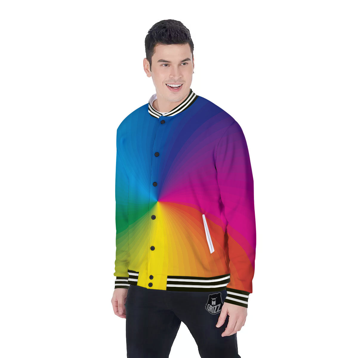 Swirl Rainbow Print Baseball Jacket-grizzshop