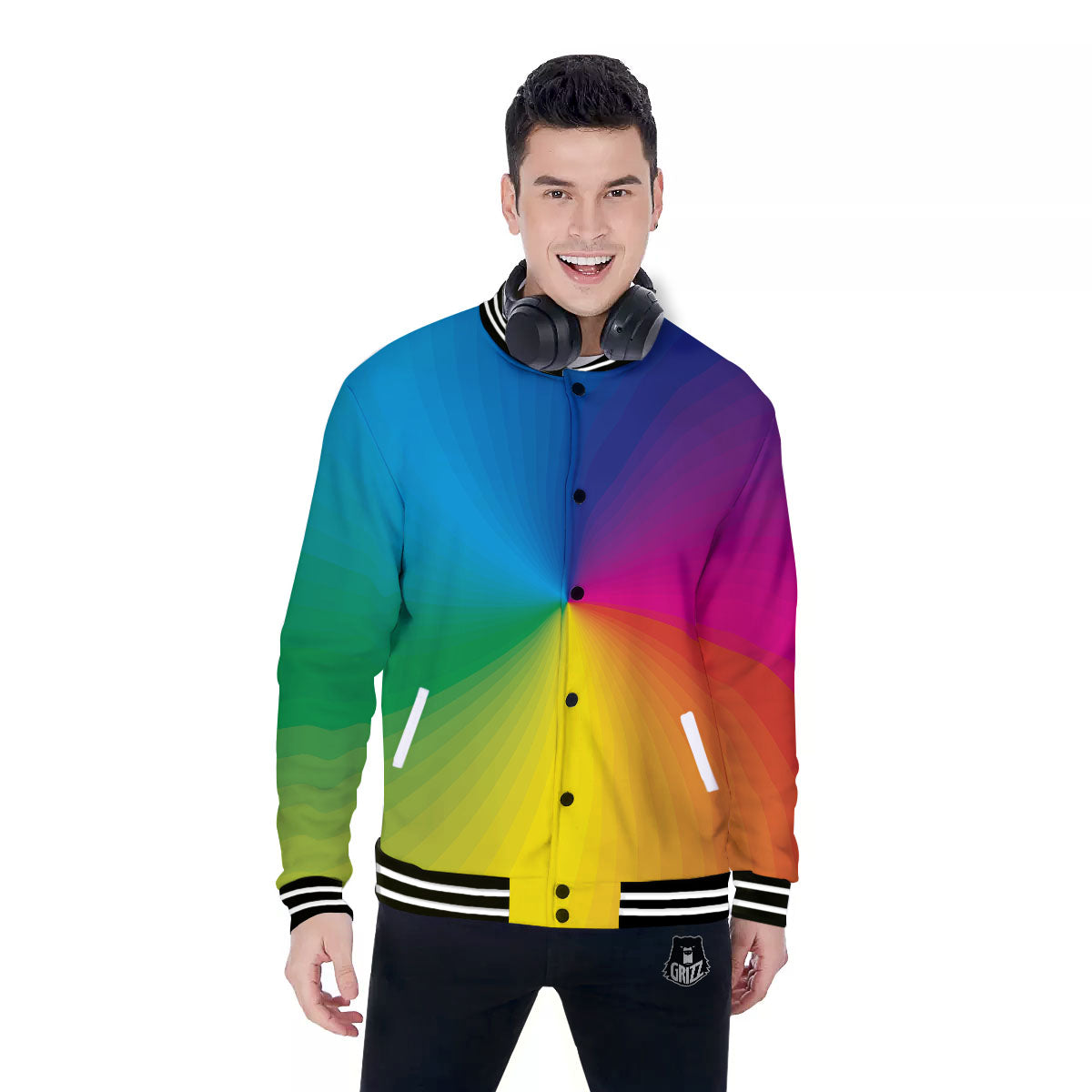 Swirl Rainbow Print Baseball Jacket-grizzshop
