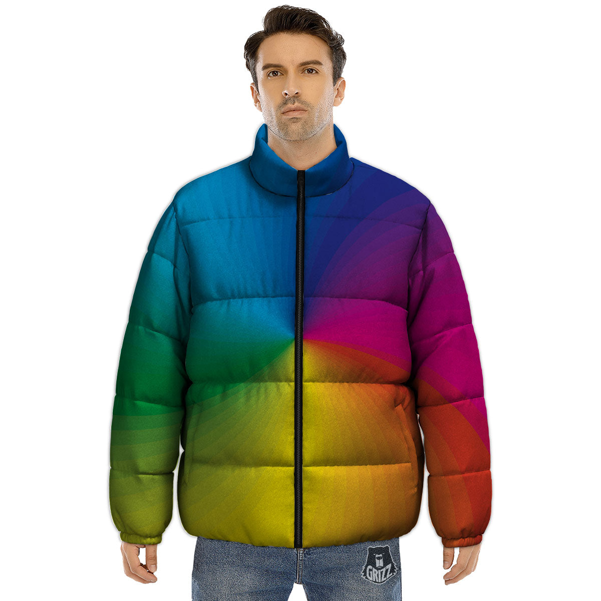 Swirl Rainbow Print Puffer Jacket-grizzshop