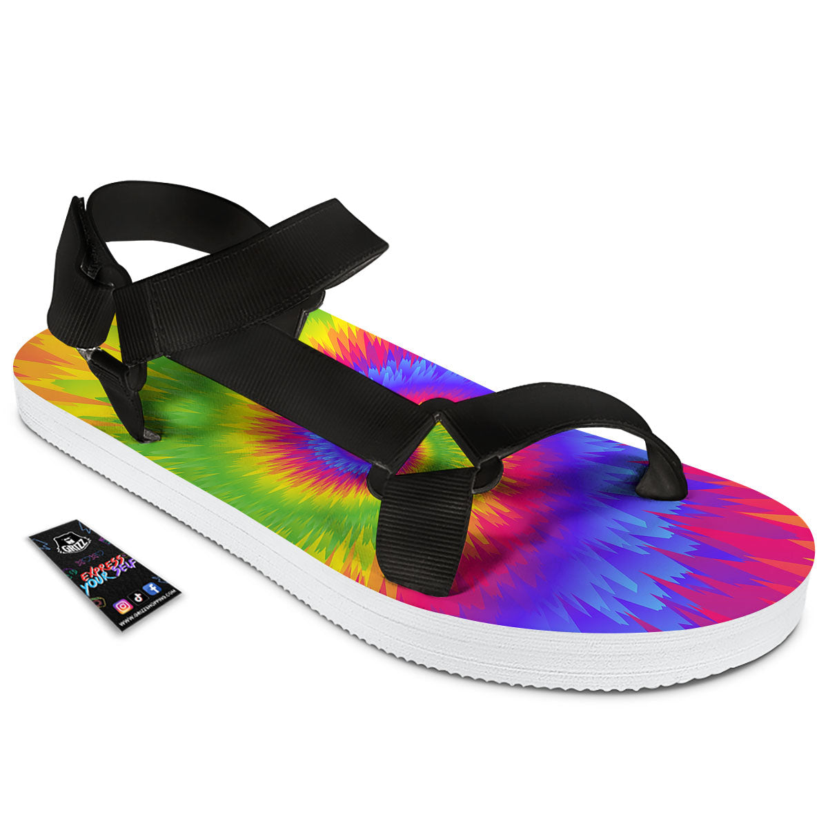 Swirl Rainbow Psychedelic Print Black Open Toe Sandals-grizzshop