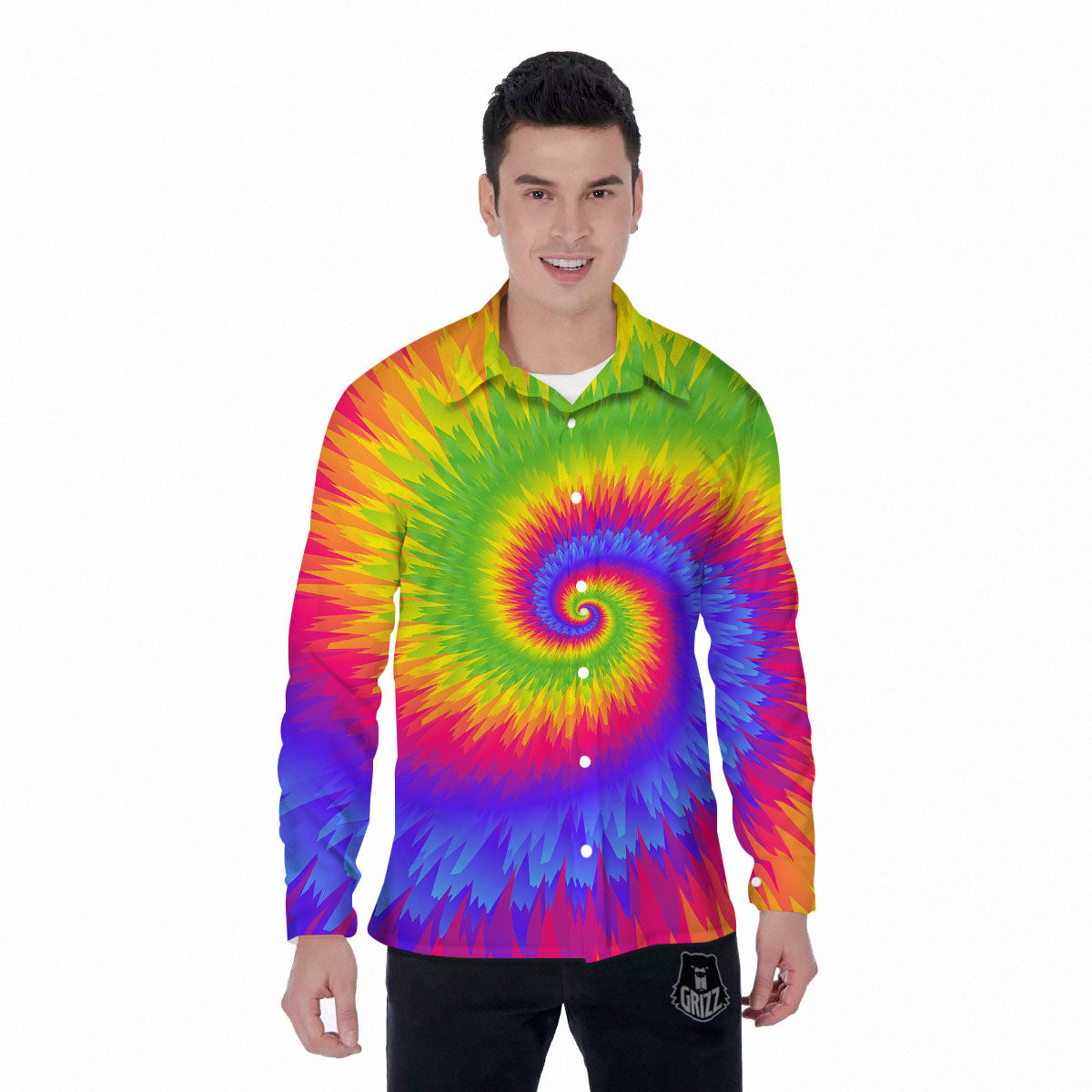 Swirl Rainbow Psychedelic Print Men's Long Sleeve Shirts-grizzshop
