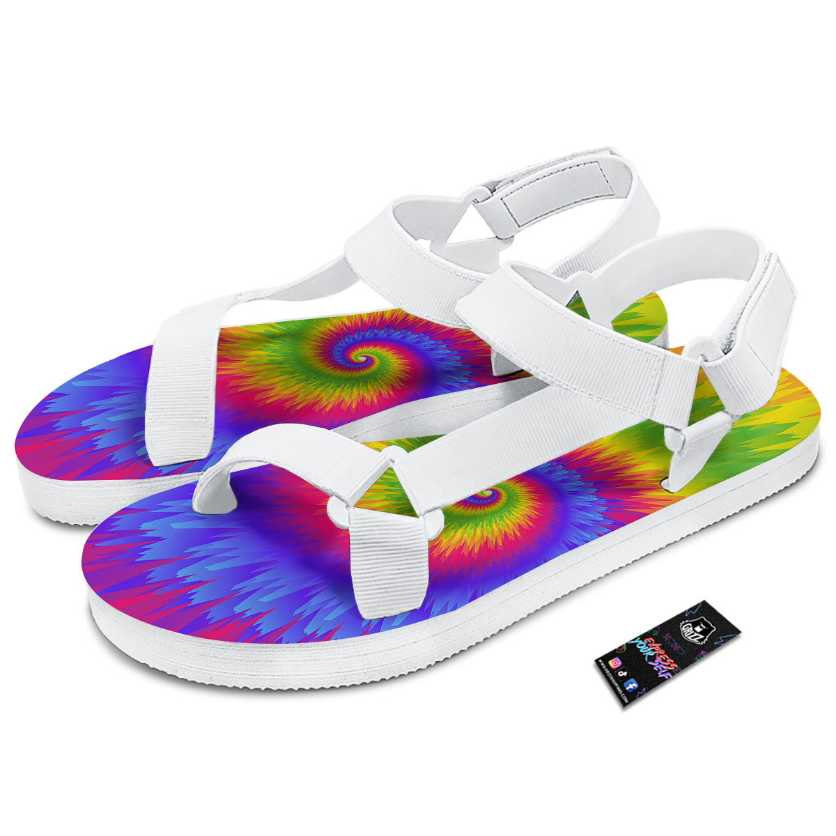Swirl Rainbow Psychedelic Print White Open Toe Sandals-grizzshop