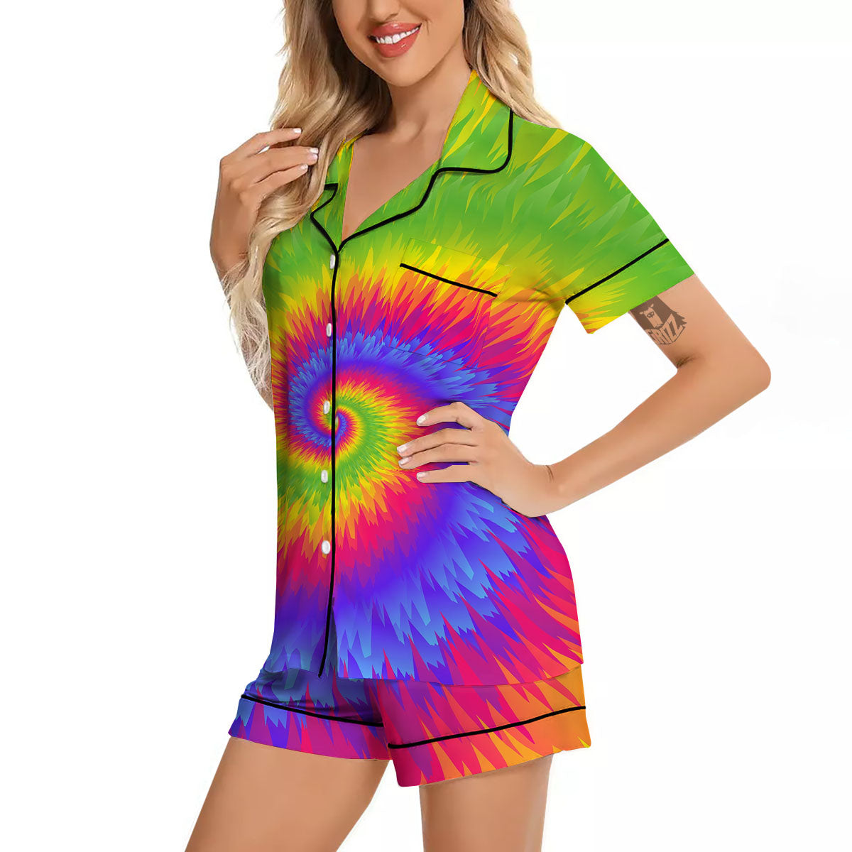 Swirl Rainbow Psychedelic Print Women Silk Pajamas-grizzshop
