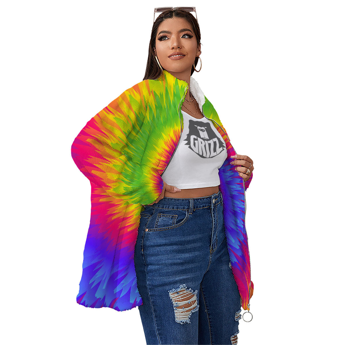 Swirl Rainbow Psychedelic Print Women's Sherpa Jacket-grizzshop