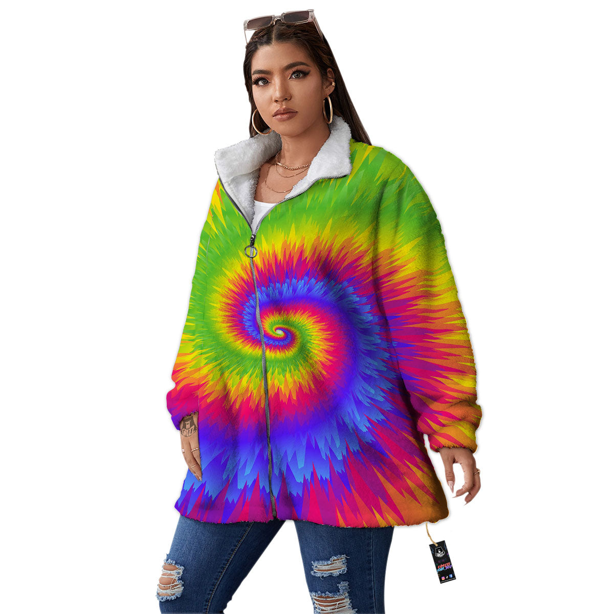Swirl Rainbow Psychedelic Print Women's Sherpa Jacket-grizzshop