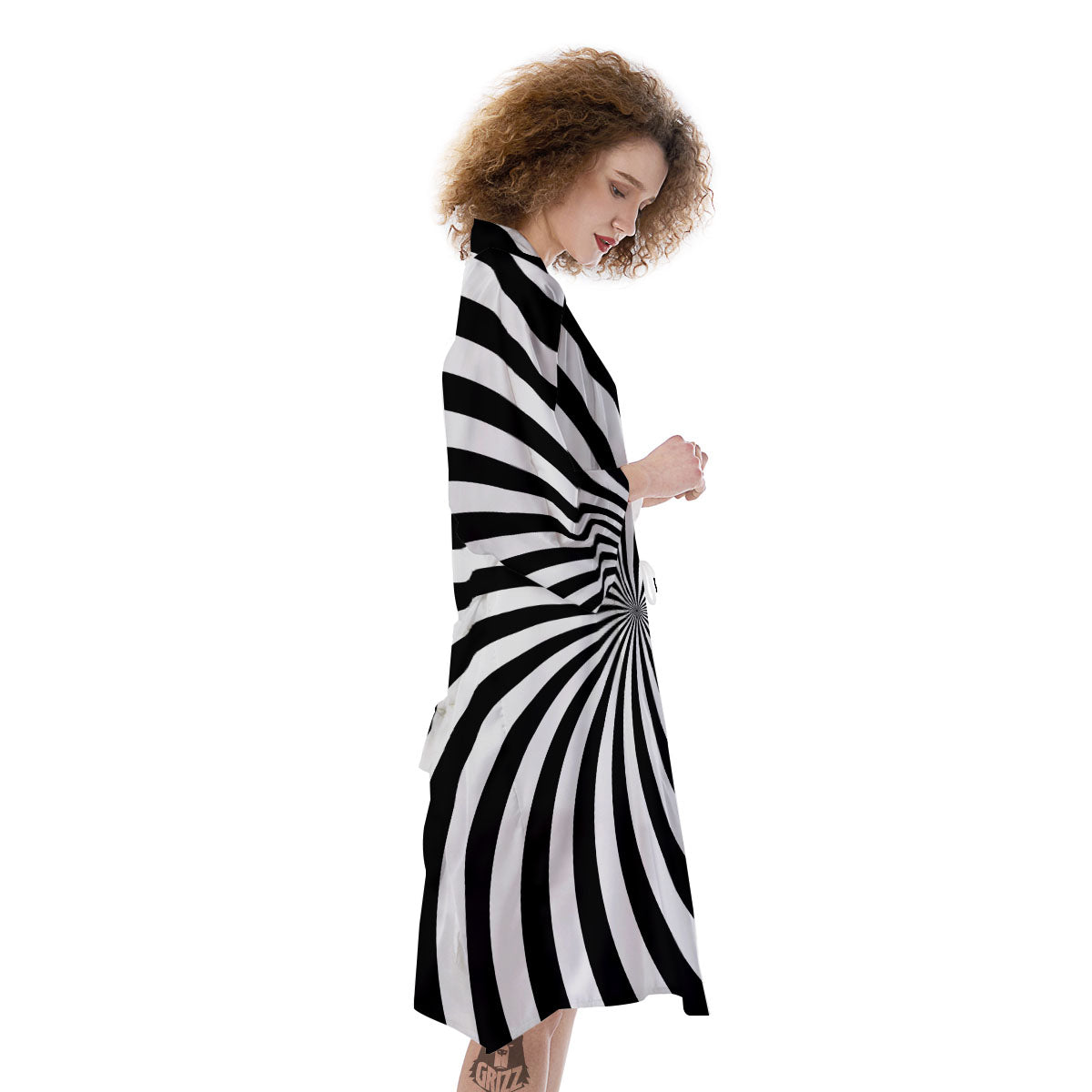 Swirl White And Black Print Kimono-grizzshop
