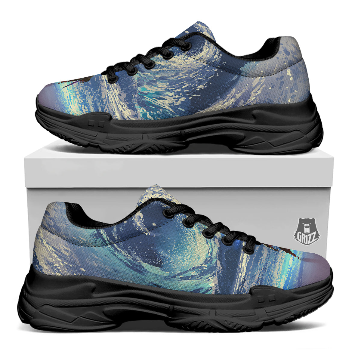 Swirling Sea Watercolor Print Black Chunky Shoes-grizzshop