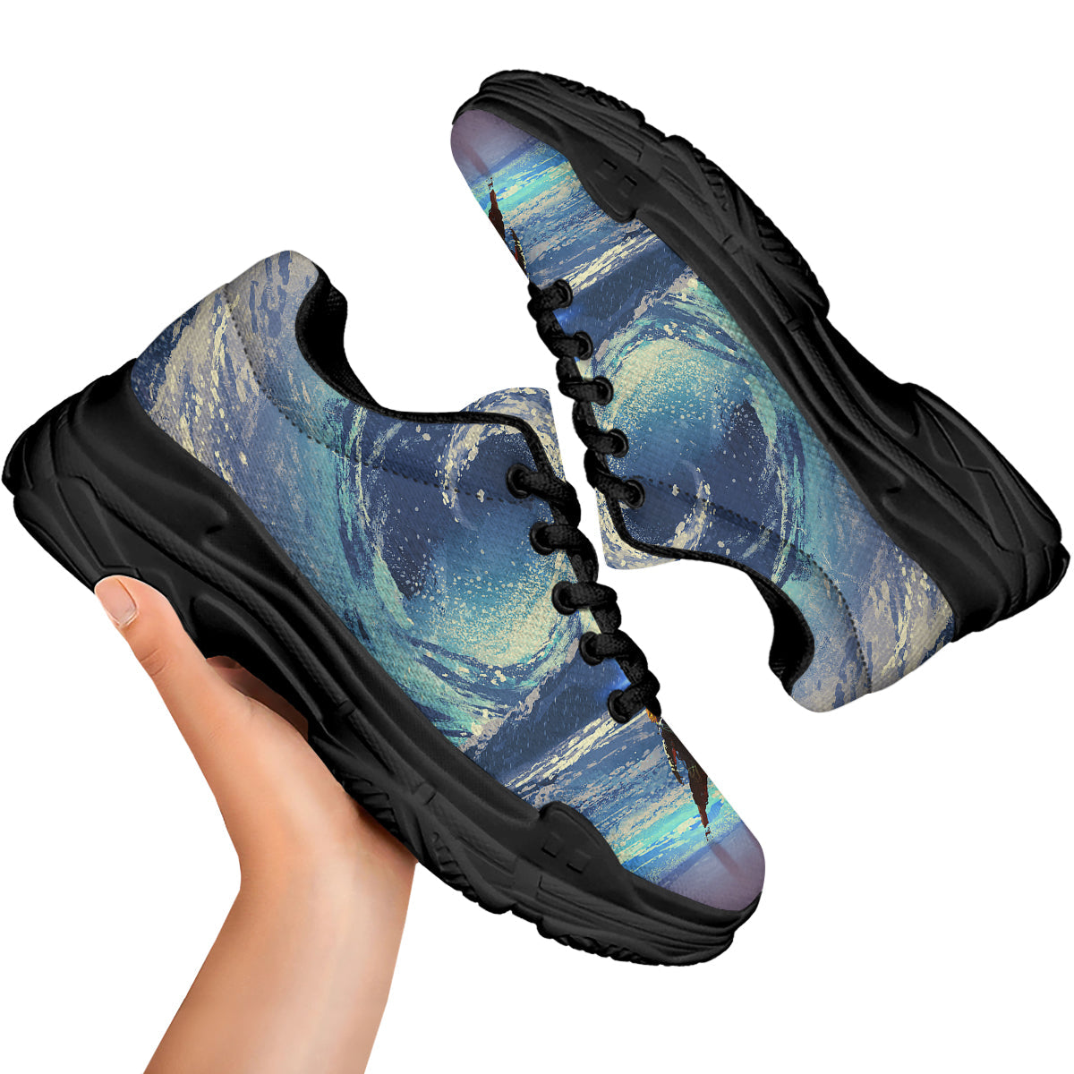 Swirling Sea Watercolor Print Black Chunky Shoes-grizzshop