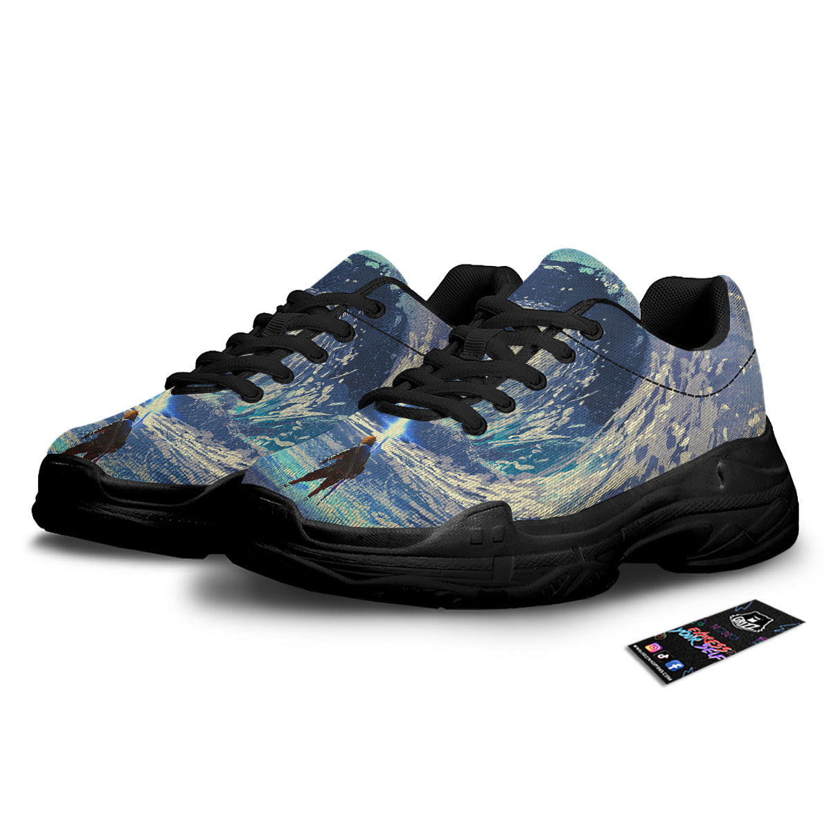 Swirling Sea Watercolor Print Black Chunky Shoes-grizzshop