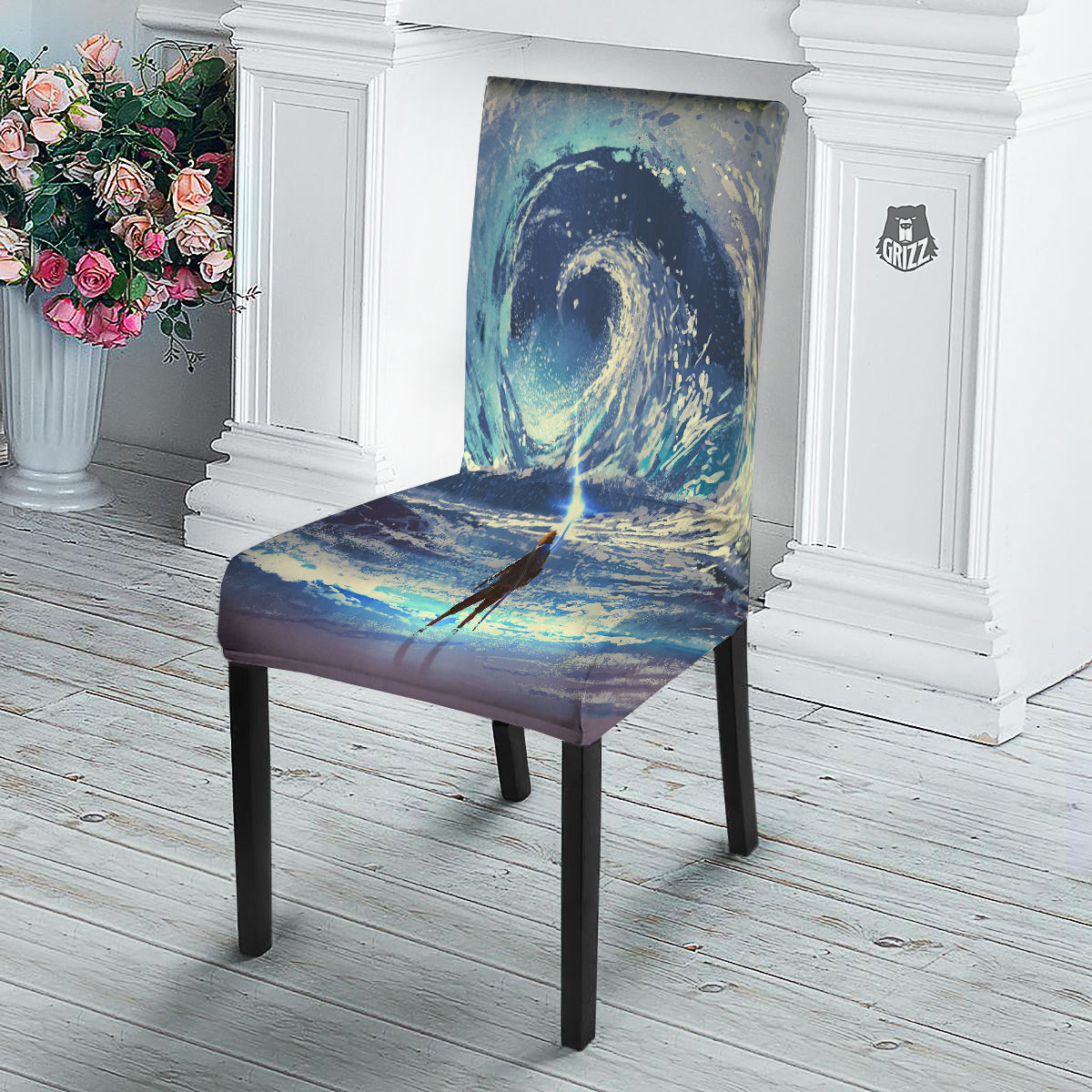 Swirling Sea Watercolor Print Dining Chair Slipcover-grizzshop