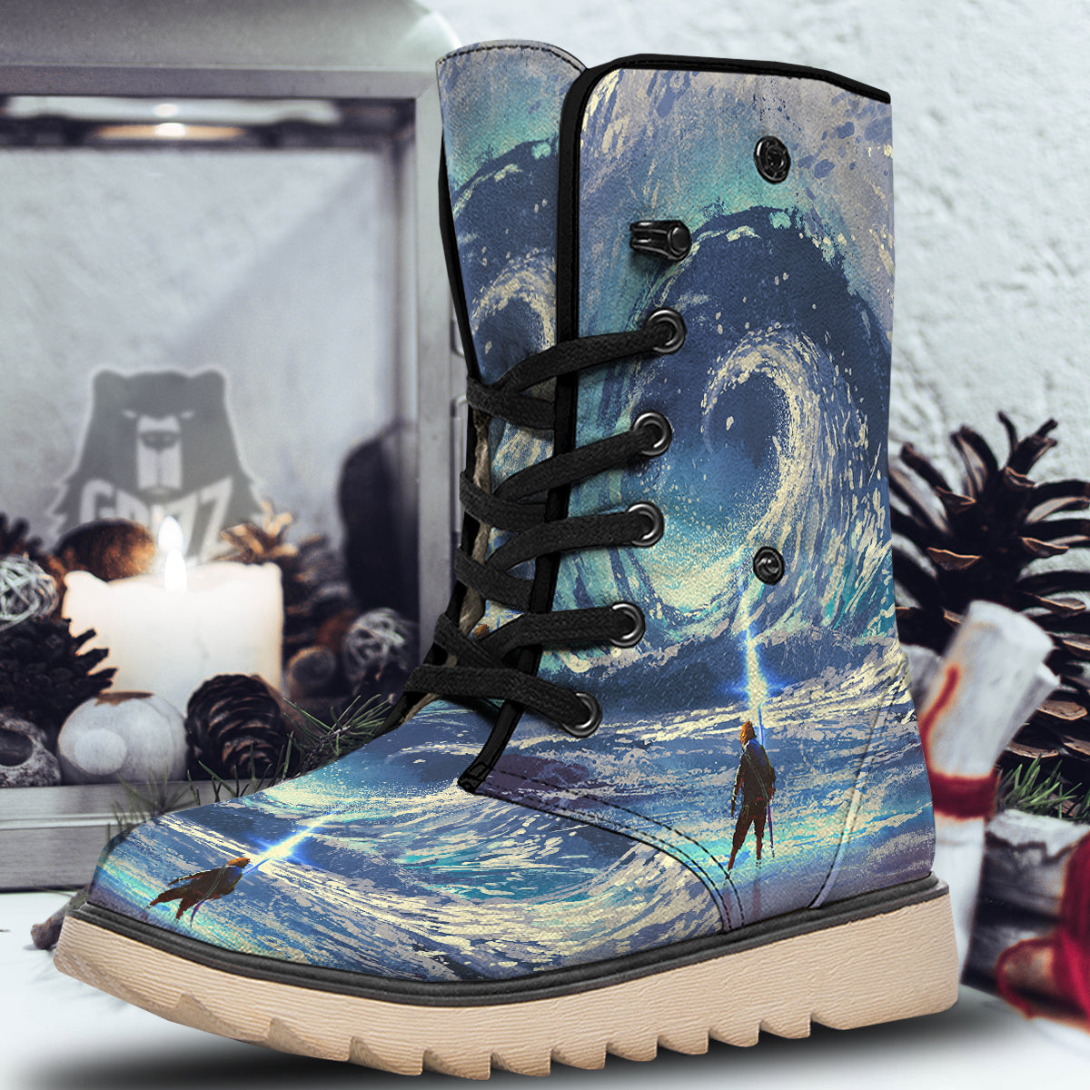 Swirling Sea Watercolor Print Snow Boots-grizzshop