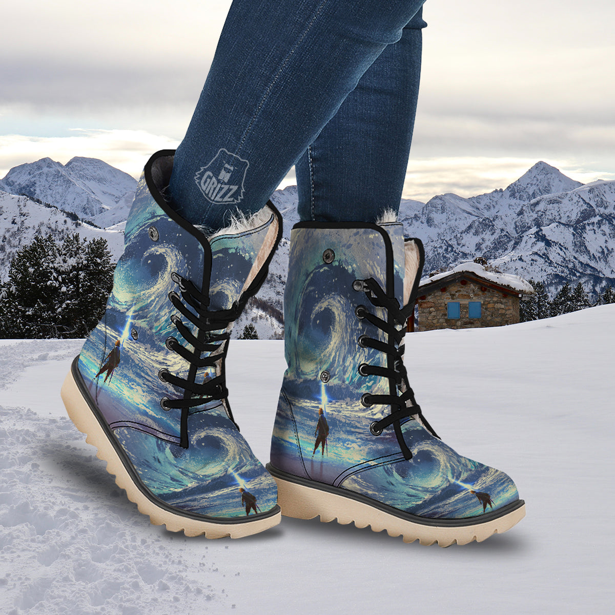 Swirling Sea Watercolor Print Snow Boots-grizzshop