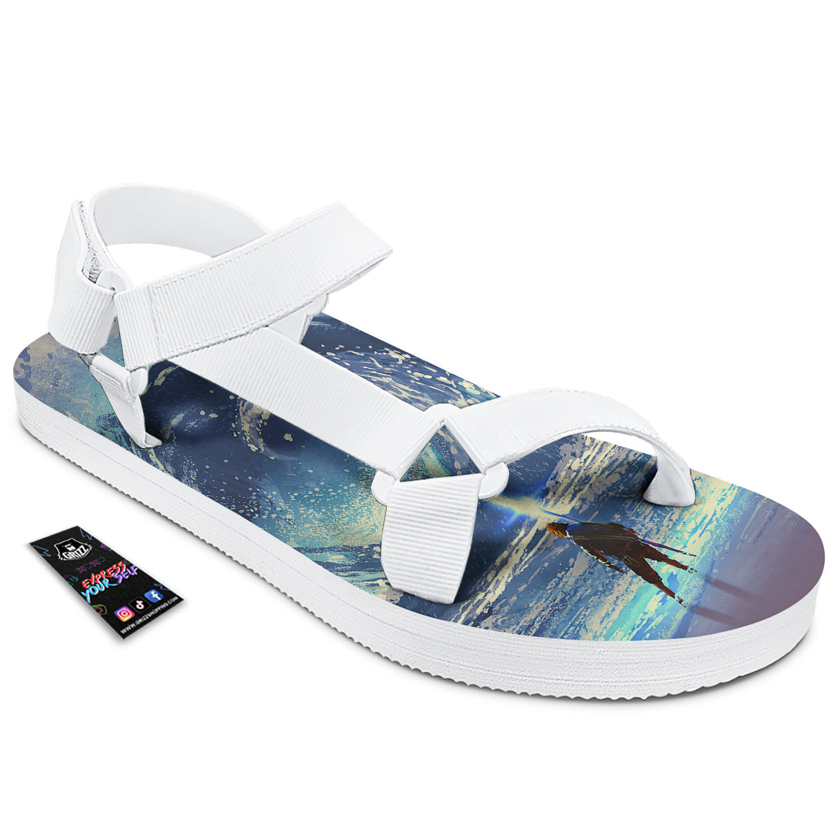 Swirling Sea Watercolor Print White Open Toe Sandals-grizzshop