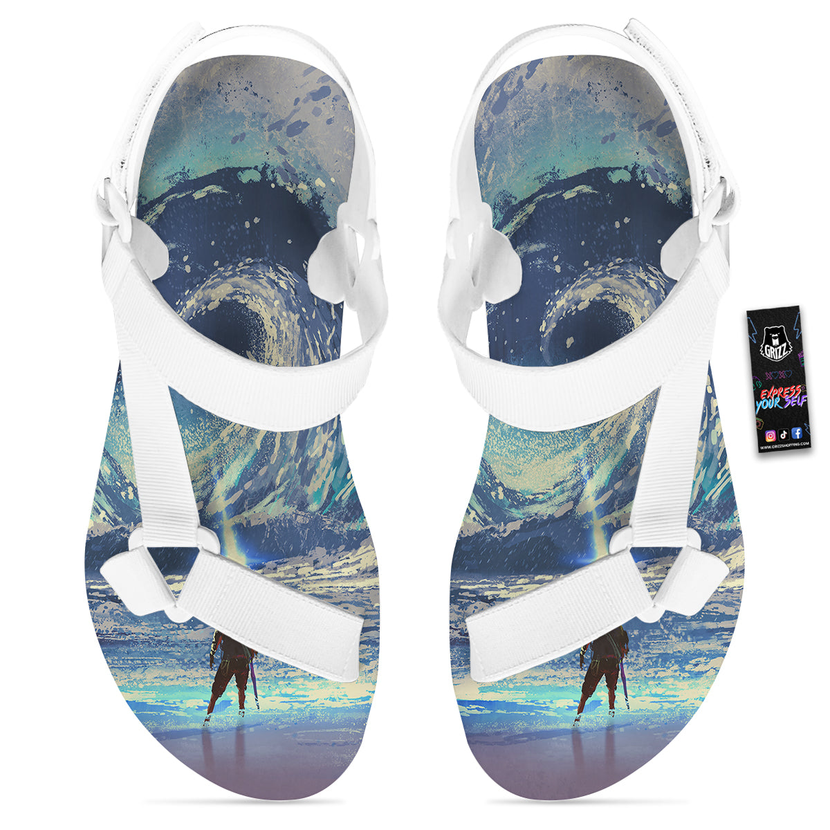 Swirling Sea Watercolor Print White Open Toe Sandals-grizzshop
