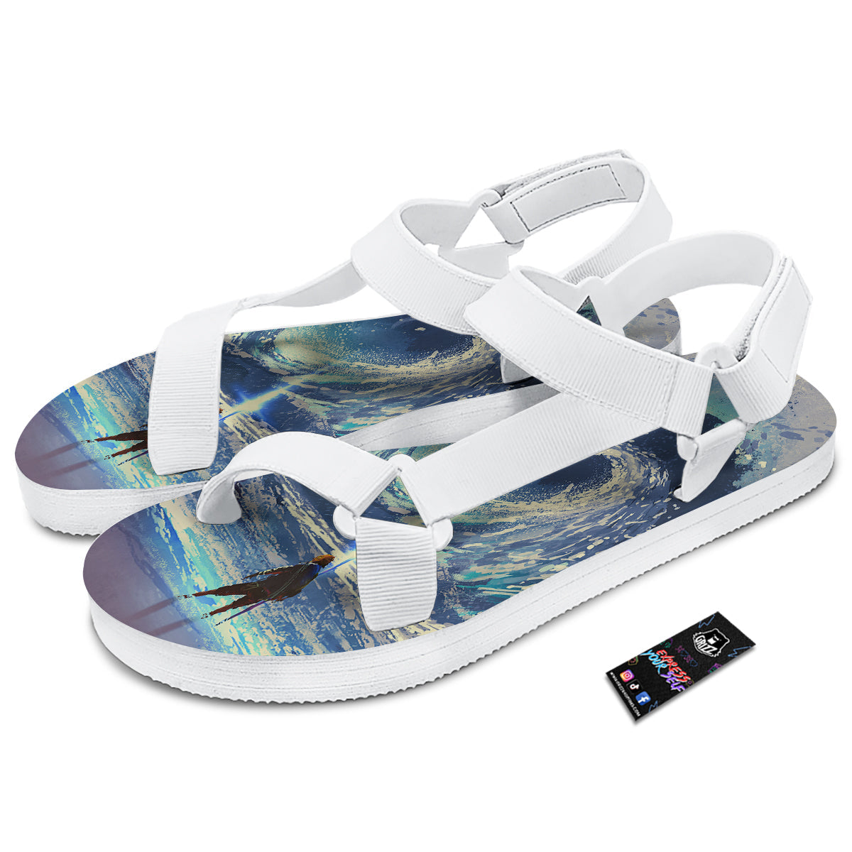 Swirling Sea Watercolor Print White Open Toe Sandals-grizzshop