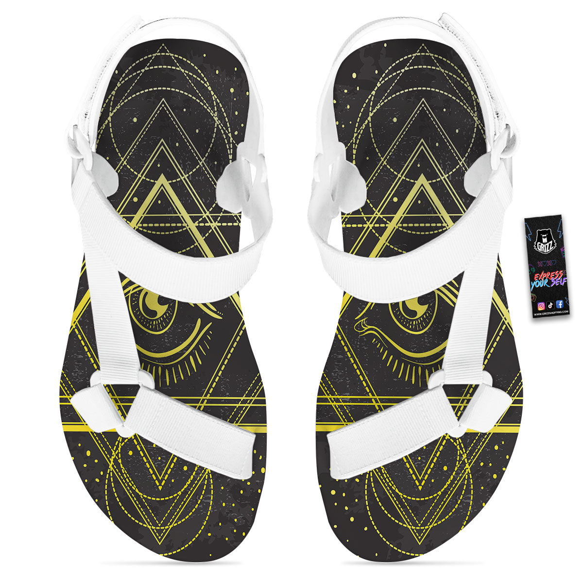 Symbol All Seeing Eye Print White Open Toe Sandals-grizzshop