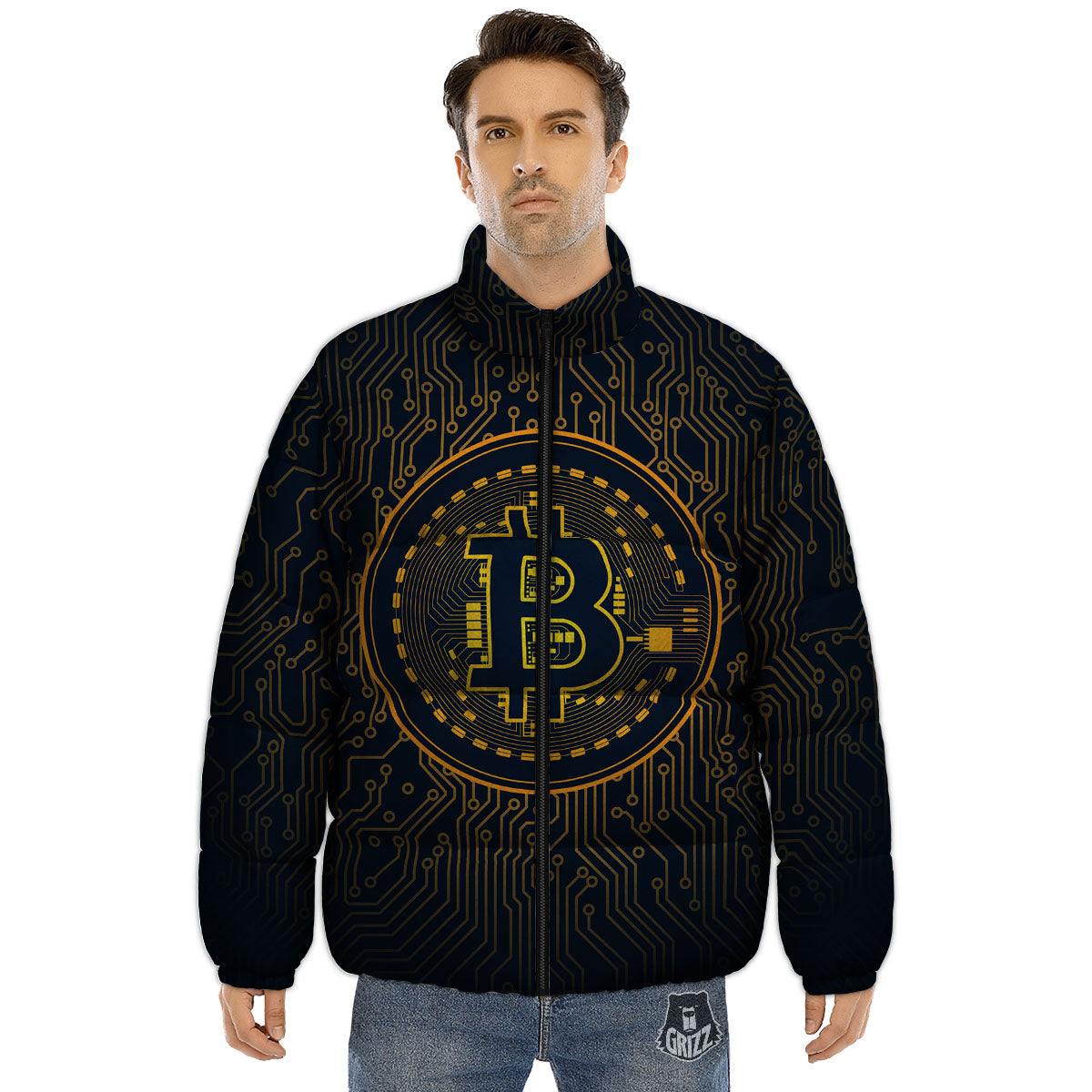 Symbol Bitcoin Crypto Print Puffer Jacket-grizzshop
