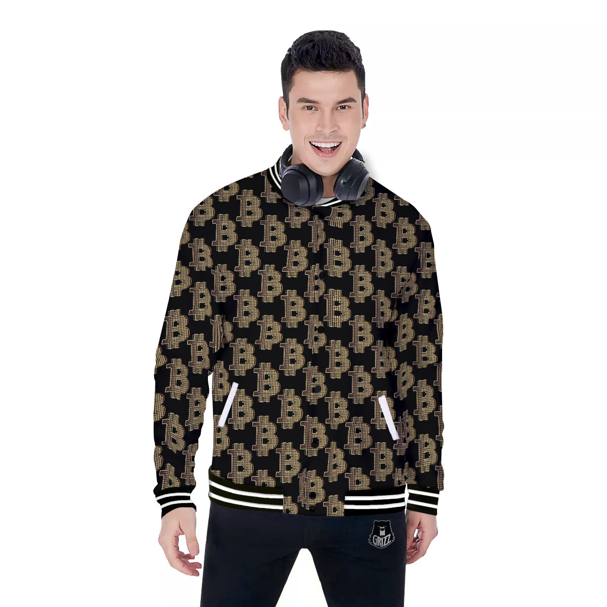 Symbol Bitcoin Print Pattern Baseball Jacket-grizzshop