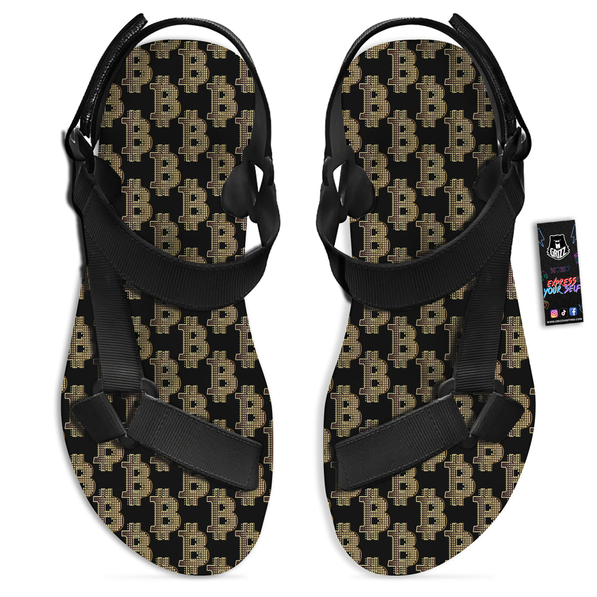 Symbol Bitcoin Print Pattern Black Open Toe Sandals-grizzshop