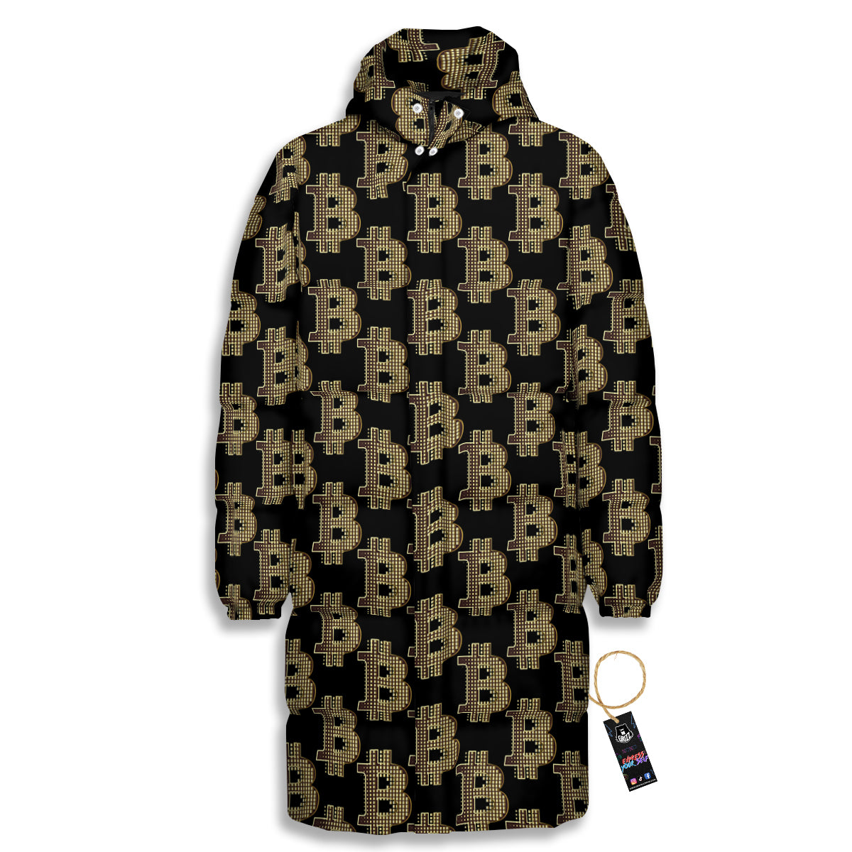Symbol Bitcoin Print Pattern Long Down Jacket-grizzshop